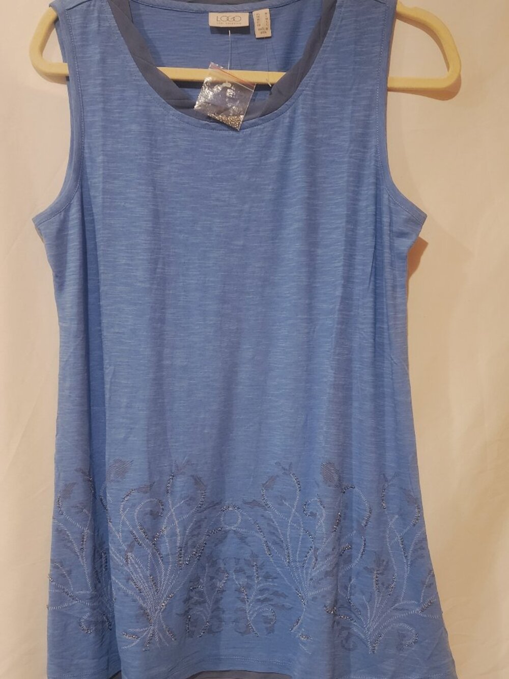 LOGO by Lori Goldstein 100% Cotton Blue Sequin Floral Sleeveless Tunic Tank M - Picture 3 of 7